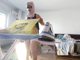 Amateur wifey does housework naked. Dark-haired with hairy pussy, meaty ass.