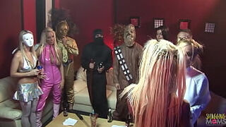 This costume party is all about gang hook-up as a couple of cougars are getting their cootchies filled