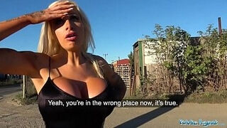 Public Agent taunting filthy talking big-boobed platinum-blonde begs for sperm