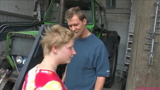 Ugly lush ash-blonde garage manager shag her employee&comma; tonguing his cum