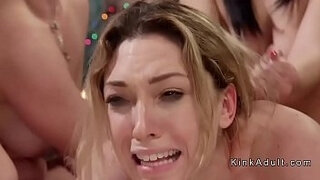 Hot blonde girl-girl rectal gangbanged