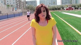 Hairy pussy redhead teenager screws in public rest room pov