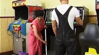 Hairy grannie takes youthfull man rod on the pool table