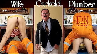 Cheating housewife&comma; plumber and cuckold husband at the kitchen&period; Scene 2