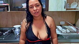 Squirting ejaculation in the kitchen in front of my stepson&comma; I'm a super-naughty stepmom&period; Do you want to be my fresh stepson