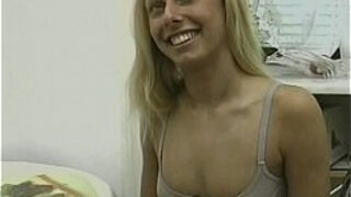 Skinny first-timer girlfriend toying and cum on tits