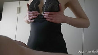 Milf in fantastic undergarments with incredible bosoms & perfect body gives sensual hand-job to a fat well-lubed cock