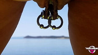 Nippleringlover naughty mother dual rings in extreme pierced puffies finger-banging pierced cootchie and urinating at naked beach