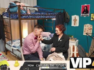 Redhead mature teacher feasts on a ultra-kinky student's yam-sized cock