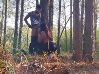 Wife tearing up in the forest with the ebony hefty Dick