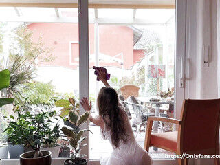 Naked Window Cleaning with a super-steamy black-haired in a Sheer sundress and No Panties. Amy Haze